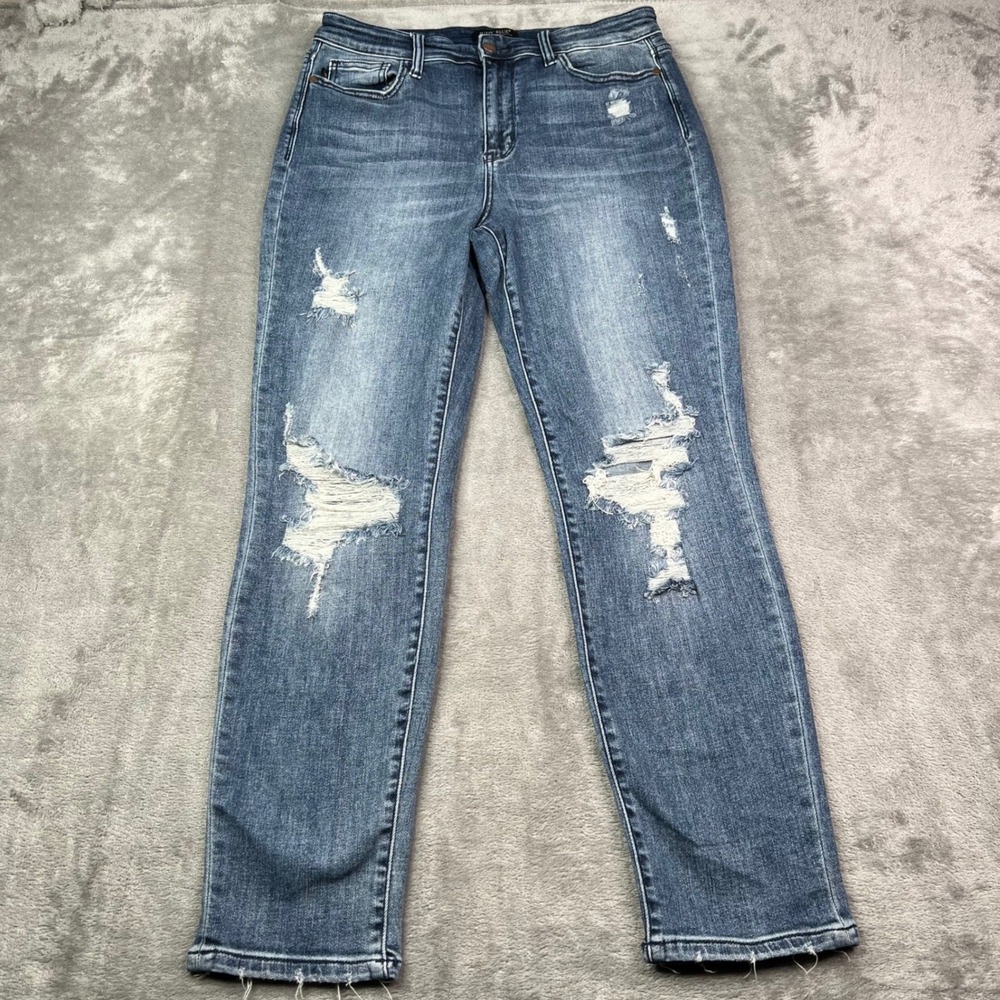 Judy Blue Boyfriend Jeans Womens 9/29 Blue Medium Wash Distressed Ripped Stretch